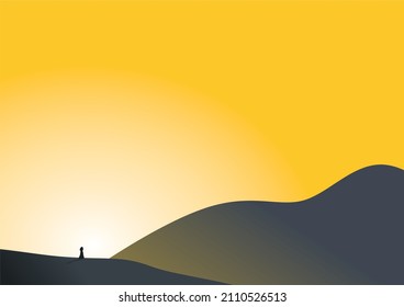 The silhouette of a man in the distance against the background of bright sunlight. Hill. Mountain. Wallpaper, background, screensaver