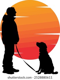 Silhueta de um homem com um cão em uma coleira, situado contra um Pôr do Sol laranja-vermelho vibrante. Perfeito para o cuidado de animais de estimação ou projetos com temática ao ar livre, ilustrando o companheirismo e momentos pacíficos na natureza.