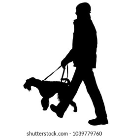 Silhouette of man and dog on a white background.