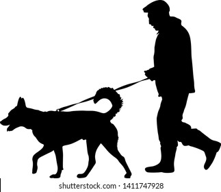 Silhouette of man and dog on a white background
