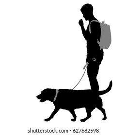 Silhouette of man and dog on a white background.