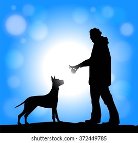 silhouette of man and dog playing with a ball