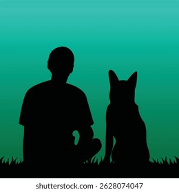 Silhouette of a man and dog sitting together