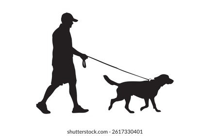 silhouette of man with dog walking isolated on white background