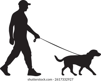 silhouette of man with dog walking isolated on white background