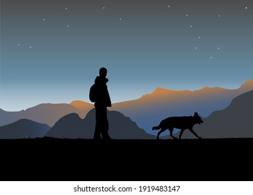 Silhouette de un hombre y un perro caminando sobre un ataúd en las montañas al atardecer.