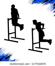 Silhouette of a man doing dips on parallel bars during his crossfit training. Street workout exercise. Strength body weight training. Vector illustration isolated on white background.