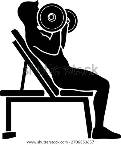 Silhouette of a man doing dumbbell curls on an incline bench. Fitness and strength training illustration in black and white.