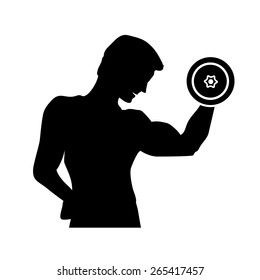 Silhouette of a man doing exercises with dumbbells isolated on white