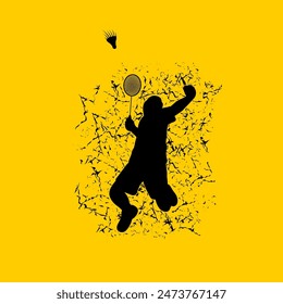 silhouette of a man doing a hard badminton smash front view vector illustration