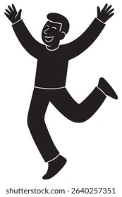 Silhouette of a man doing a joyful side kick with arms lifted high
