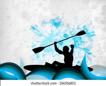 Silhouette of a man doing kayaking on abstract grungy blue  background. EPS 10.