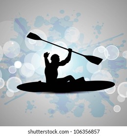 Silhouette of a man doing kayaking on abstract grungy blue  background. EPS 10.