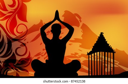 Silhouette of a man doing meditation vector background