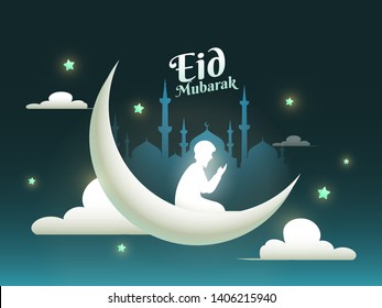 Silhueta de um homem fazendo orações (Namaz) em frente à mesquita para o Festival Eid Mubarak Design de cartaz ou banner.