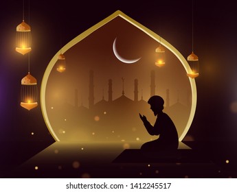 Silhouette of a man doing prayer (Namaz) in front of mosque in Eid Mubarak Festival. Poster or banner design.