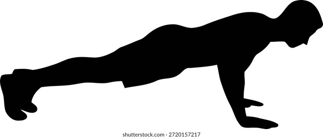Silueta de un hombre haciendo flexiones. Ilustración vectorial masculina de entrenamiento de fuerza y fitness aislada sobre fondo blanco.