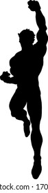 Silhouette of a man doing a superhero pose. Vector illustration. 