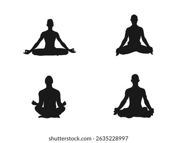 A Silhouette of a man doing yoga meditation. Yoga Meditation Silhouettes Showcase Tranquil Poses. Vector isolated on a white background.