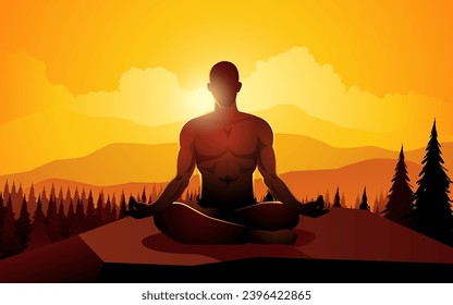 Silhouette of a man doing yoga on mountain peak, vector illustration