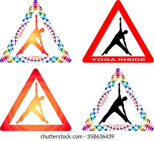 silhouette of a man doing yoga in a triangular frame, like a road sign.
Set of yoga pose icons.