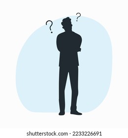 Silhouette de un hombre en duda y rodeado de signos de interrogación. Ilustración vectorial.