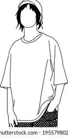 A silhouette of a man drawn with a black line, wearing a T-shirt, shorts and a cap. Illustration on white background.