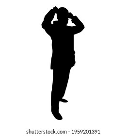 Silhouette Of Man Dressing Up In Clothes And Medical Face Mask Or Personal Dust Protective Equipment. Virus Concept. Coronavirus Influenza Flu Outbreak Prevention, Quarantine And Protection From Air Pollution, Black 