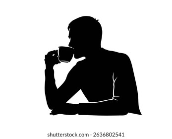 silhouette of a man drinking coffee isolated with white background