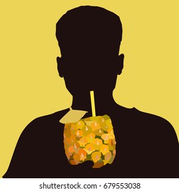 Silhouette of a man drinking pineapple juice with a straw. Vector illustration