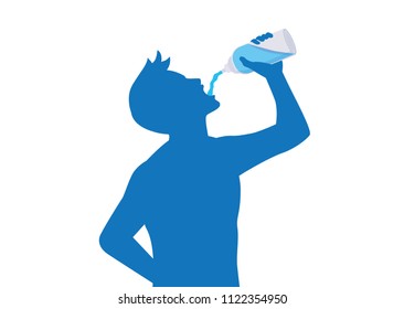 Silhouette of man drinking water from bottle for stop thirsty isolated on white background.