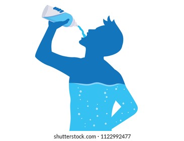 La silueta del hombre tomando agua de la botella fluye hacia el cuerpo. Ilustración sobre un estilo de vida saludable.