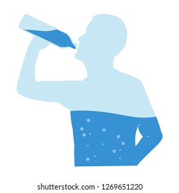 Silhouette of man drinking water from bottle flow into body. Illustration about healthy lifestyle.
