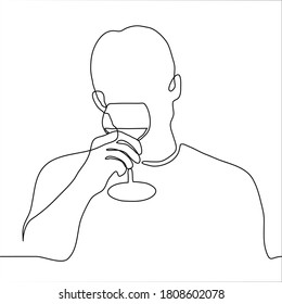 silhouette of a man drinking wine (alcoholic drink) from a glass on a stem. One continuous line drawing of a man tasting wine (sommelier), saying toast with a glass at his mouth