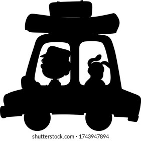 Silhouette man driving car with dog on white background illustration