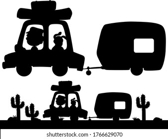 Silhouette man driving with dog in the car illustration