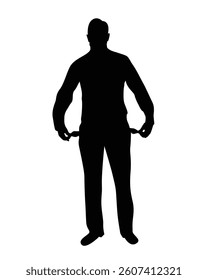 Silhouette of Man with Empty Pockets Isolated on White. No money and lack of funds, no salary vector art