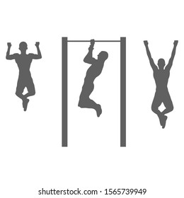 Silhouette of a man engaged on a crossbar. Man pulls up on a horizontal bar. Concept of sports, fitness, workout and strength exercises in the gym or outdoors. Isolated vector on white background.