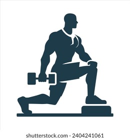 Silhouette of man exercising with one dumbbells on isolation background. Muscle Workout Silhouette Design. Body builder with dumbbell icon on the background