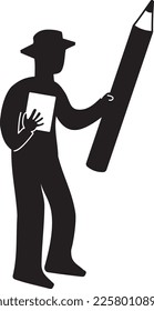 Silhouette eines Mannes, der mit einem großen Bleistift erklärt