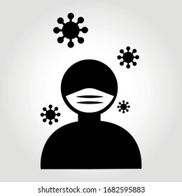 Silhouette of a man face with a medical mask. Black vector icon on a white background. Corona virus virions bounce off a medical respirator. Coronavirus 2019-nCoV (COVID-19). Virus prevention.