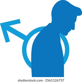 Silhouette of a man facing downward with a blue male gender symbol in the background, representing masculinity, gender identity, or mental health.