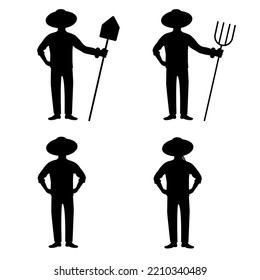 Silhouette of man farmer with shovel, pitchfork, wheat. Vector illustration