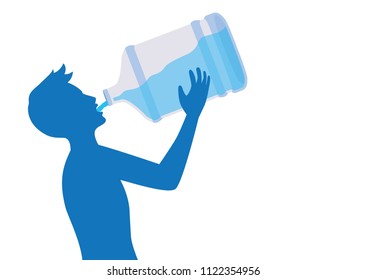 Silhouette of man feeling Thirsty, drinking water from large plastic bottle. 