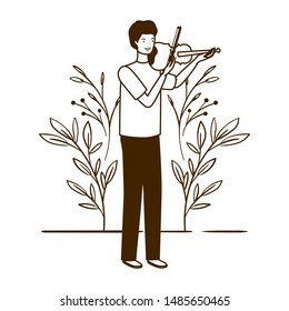 silhouette of man with fiddle and branches and leaves in the background