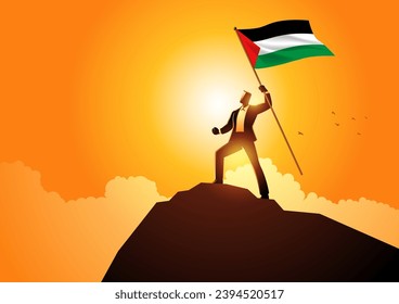 Silhouette of man figure holding the flag of Palestine on top of a mountain, vector illustration