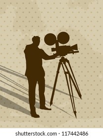 Silhouette of a man filming and shadow, conceptual vintage art.