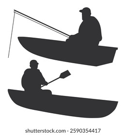 Silhouette of Man Fishing with Kayak. Black Man Fishing Silhouette on White Background. Fishing Hobby.