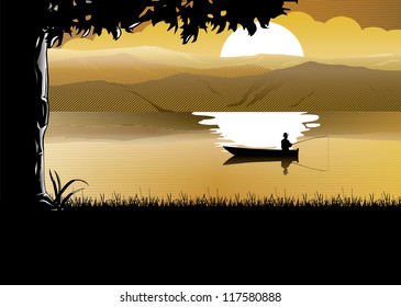 Silhouette of a man fishing with a lake background at sunset