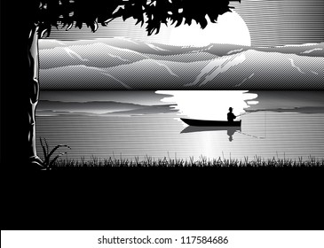 silhouette of a man fishing in the lake background